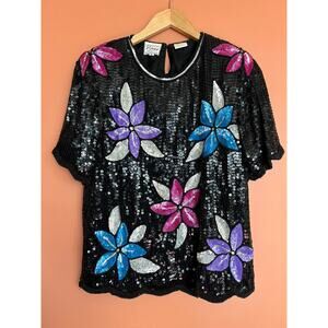 70s/80s Vintage Silk Sequin Floral Short Sleeve Top by Sténay - Size Small